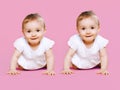 Portrait of two sweet twins baby crawls