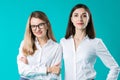 Portrait of two women in office clothes. Cute attractive businesswomen. Team of two smiling businesswomen posing. two young women Royalty Free Stock Photo