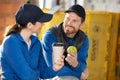 portrait two workers taking break from work Royalty Free Stock Photo