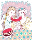 Portrait of two young girls who eat a big chunk of red juicy watermelon