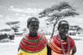 Portrait of two young maasai girls with traditional jewelery and clothing in a native village in Samburu