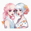 Portrait of two young women. Friends, sisters. Vector illustration isolated on a white background. Royalty Free Stock Photo