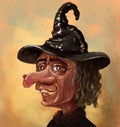 Illustration of a portrait of an ugly old witch laughing with a toothless mouth. An old woman in a black witch`s hat, with a larg