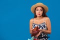 Portrait of unhappy young woman looking in her wallet in shopping center, spent too much, not enough cash, lost money Royalty Free Stock Photo