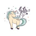 A portrait of a unicorn with word hello