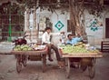 Portrait of unidentified Indian mans on streets market with fruits. Daily lifestyle in rural area central India Royalty Free Stock Photo