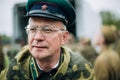 Portrait of unidentified re-enactor dressed as World War II Soviet Russian soldier