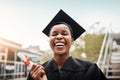 Portrait, university and black woman with a diploma, graduation and success with knowledge. Face, female person or