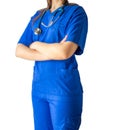 Portrait of an unknown young doctor in blue medical uniform with