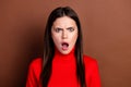 Portrait of unsatisfied shocked person open mouth look camera cant believe isolated on brown color background