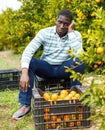 Portrait of upset Afro man on farm