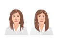 Portrait of upset young woman woman with damaged and fluffy hair before an after keratin straightening treatment. Vector