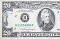 Portrait of US president Andrew Jackson on 20 dollars banknote closeup macro fragment Royalty Free Stock Photo