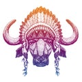 Portrait of vector buffalo, bull, ox, bison. Animal wearing traditional indian headdress with feathers. Tribal style Royalty Free Stock Photo