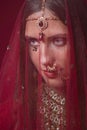 Portrait of very beautiful young Indian bride in luxurious bridal costume with makeup and heavy jewellery Royalty Free Stock Photo