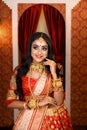 Portrait of very beautiful young Indian lady in luxurious costume with makeup and heavy jewellery posing fashionable in studio Royalty Free Stock Photo