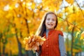 Portrait of very surprised girl in autumn city park. Posing with bouquet of yellow leaves. Bright sunlight and golden trees, fall Royalty Free Stock Photo