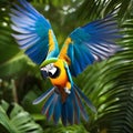 A portrait of a vibrant macaw in flight against a backdrop of lush tropical foliage1