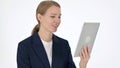 Video Call on Tablet by Young Businesswoman on White Background