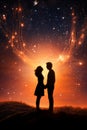 Silhouette view of a lovely couple looking at each other while hold hands on an abstract fantasy magical background. AI generated.