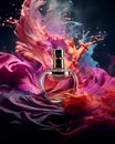 Realistic luxury oval-shaped elegant perfume bottle on an attractive colorful 3D splash abstract background. AI generated.