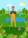 Fisherman Holding Pike, Fish and Rod, Hobby Vector