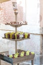 A portrait view of fountain with water drops falling on coconut slices and variety fresh red cherries and green grapes Royalty Free Stock Photo