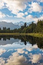 A portrait view of the incredibly beautiful Lake Matheson, New Zealand with the reflection of the stunning Southern Alps Royalty Free Stock Photo