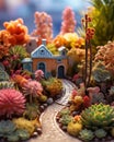 Portrait view of miniature beautiful miniature house surrounded by mini cactus. Miniatures garden and succulents. AI generated. Royalty Free Stock Photo