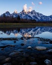 Portrait view of snow covered Teton mountains and the Snake river Royalty Free Stock Photo