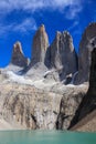 A portrait view of the three huge granite towers at the end of the W walk in Torres del Paine National Park Royalty Free Stock Photo