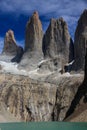 A portrait view of the three huge granite towers at the end of the W walk in Torres del Paine National Park Royalty Free Stock Photo