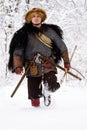 Portrait strong viking warrior winter woods battle scandinavian traditional clothing lumberjack chain mail leather spear deep fore