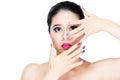 Portrait with vivid make-up and colorful nail Royalty Free Stock Photo
