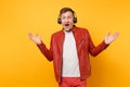 Portrait vogue happy fun young man in red leather jacket, t-shirt listen music in headphones isolated on bright trending Royalty Free Stock Photo