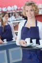 Portrait waitress holding tray coffees