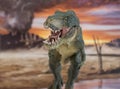 Portrait of walking and dangerous tyrannosaurus rex with erupting volcano in the background