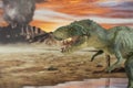 Portrait of walking tyrannosaurus rex with erupting volcano in the background