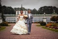 Portrait of walking newlyweds Royalty Free Stock Photo