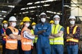 Portrait of warehouse worker. Group of factory industry worker working with face mask to prevent virus spreading during job