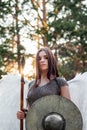 Portrait of a warrior woman in chain mail with steel bracers and wings behind her back.