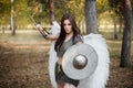 Portrait of a warrior woman in chain mail with steel bracers and wings behind her back.