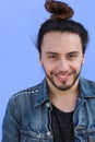 Portrait of weirdo man, isolated on blue background