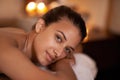 Portrait, wellness and woman in spa to relax for vitality or wellbeing, luxury and pamper for body care or treatment Royalty Free Stock Photo