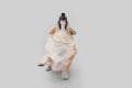 Portrait welsh corgi pembroke dog trick looking up and high five. Isolated on grey background Royalty Free Stock Photo