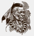 Portrait of a wendat warrior wearing claw necklace and feathers