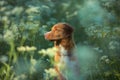 Portrait of a wet dog in tall grass. Nova Scotia Duck Tolling Retriever outdoors in the woods. Royalty Free Stock Photo