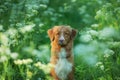 Portrait of a wet dog in tall grass. Nova Scotia Duck Tolling Retriever outdoors in the woods. Royalty Free Stock Photo