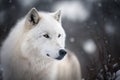 Portrait of a white arctic wolf in the snow. Generative AI illustration