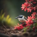 Portrait of a white-backed woodpecker (Copsychus malabaricus) on a red flower. generative ai